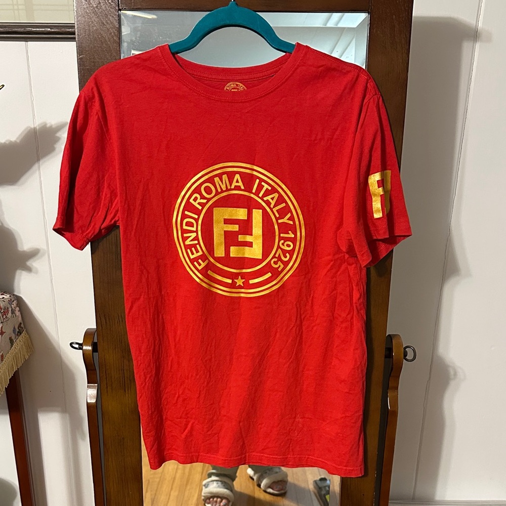 Fendi Red Tee with Gold Roma Emblem